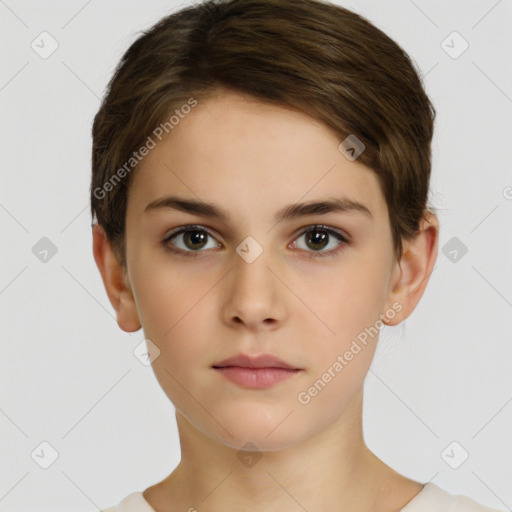 Neutral white young-adult female with short  brown hair and brown eyes