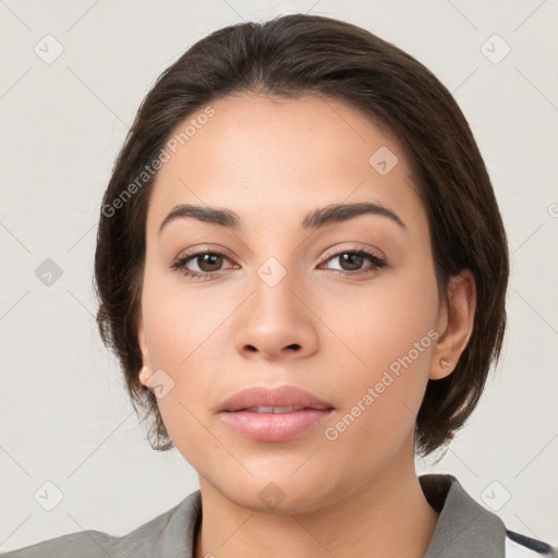 Neutral white young-adult female with medium  brown hair and brown eyes