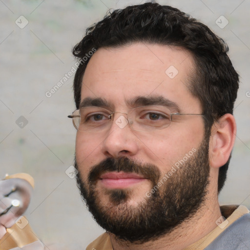 Neutral white adult male with short  black hair and brown eyes