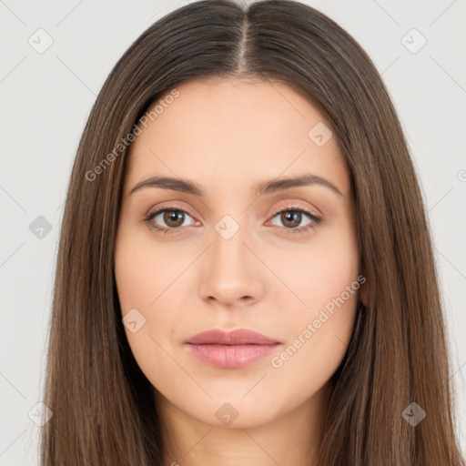 Neutral white young-adult female with long  brown hair and brown eyes