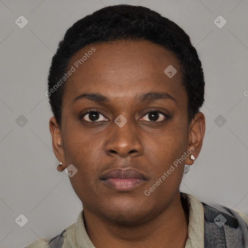 Neutral black young-adult female with short  black hair and brown eyes