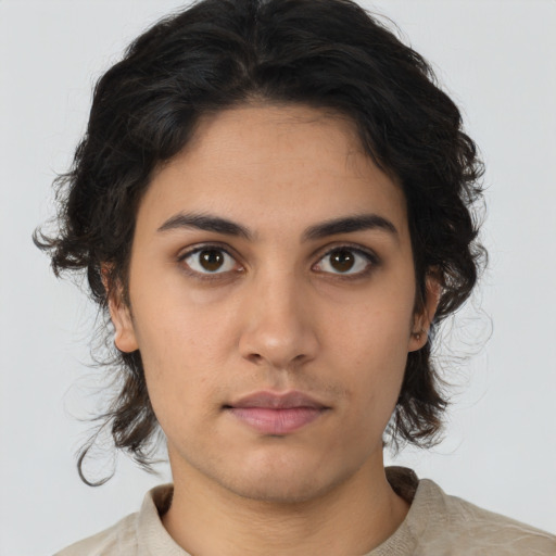 Neutral asian young-adult female with medium  brown hair and brown eyes