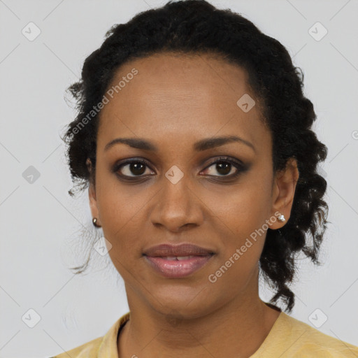 Joyful black young-adult female with medium  black hair and brown eyes