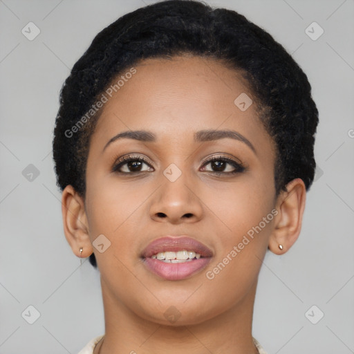 Joyful latino young-adult female with short  brown hair and brown eyes