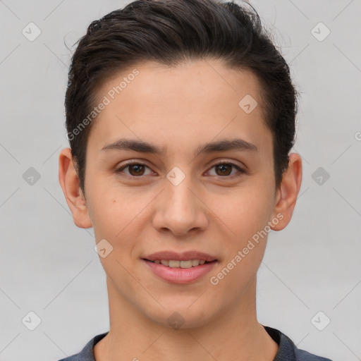 Joyful white young-adult female with short  brown hair and brown eyes