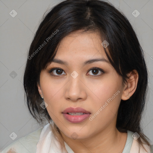 Neutral asian young-adult female with medium  black hair and brown eyes