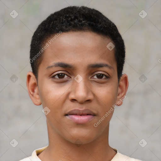 Joyful black young-adult male with short  brown hair and brown eyes