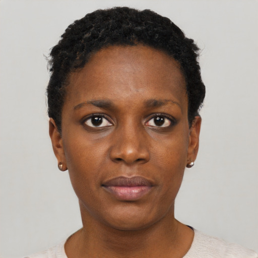 Neutral black young-adult female with short  black hair and brown eyes