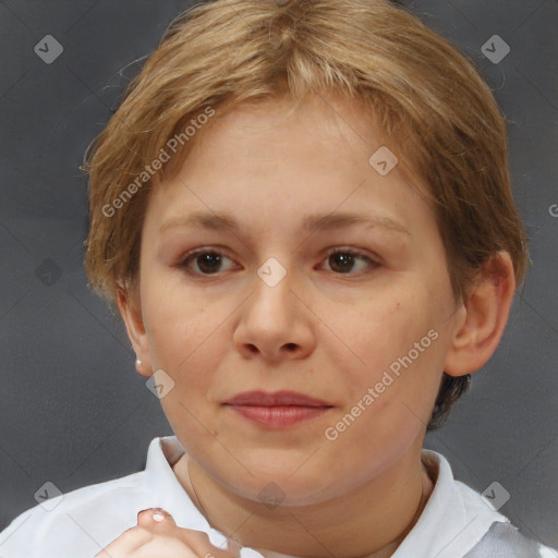 Neutral white young-adult female with short  brown hair and brown eyes