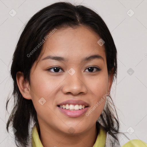 Joyful white young-adult female with medium  brown hair and brown eyes