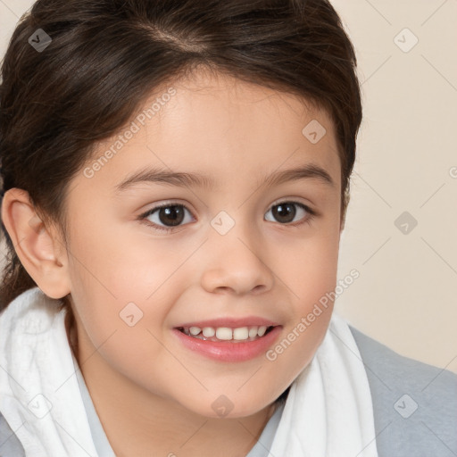 Joyful white child female with medium  brown hair and brown eyes