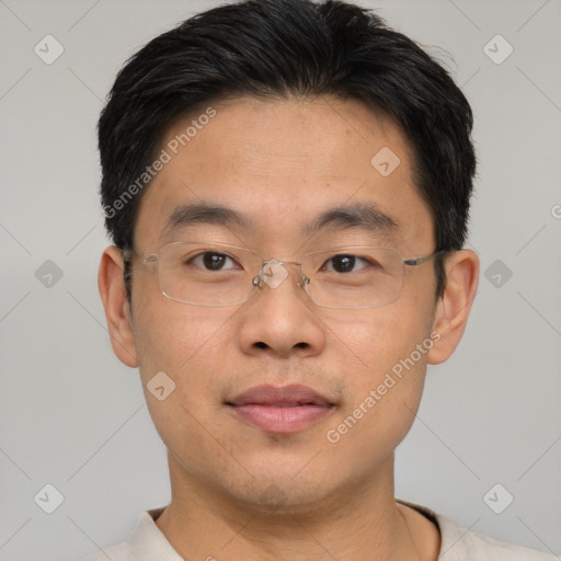 Neutral asian young-adult male with short  brown hair and brown eyes