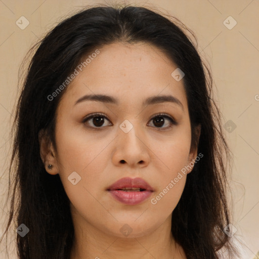 Neutral asian young-adult female with long  brown hair and brown eyes