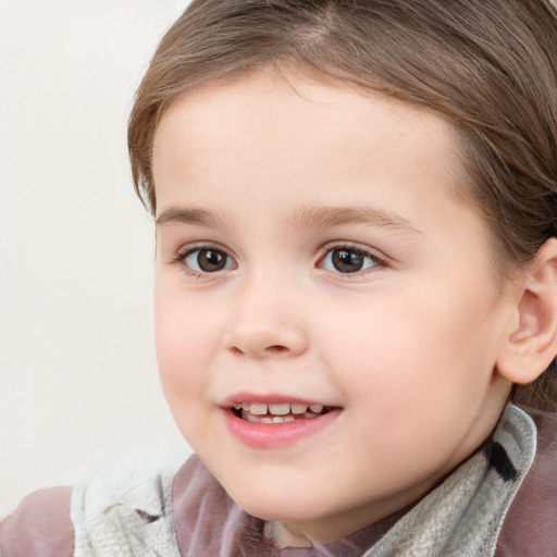 Joyful white child female with medium  brown hair and blue eyes