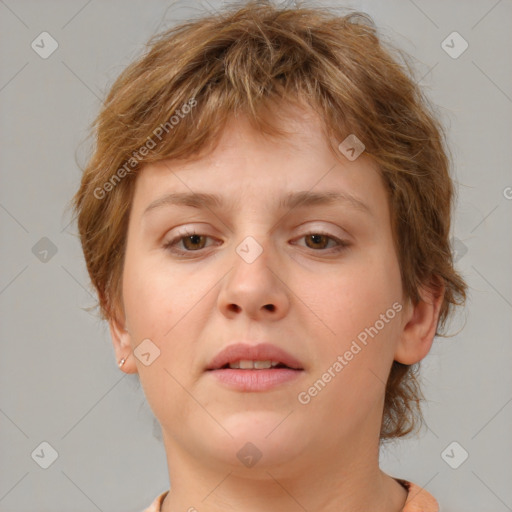 Neutral white young-adult female with short  brown hair and brown eyes