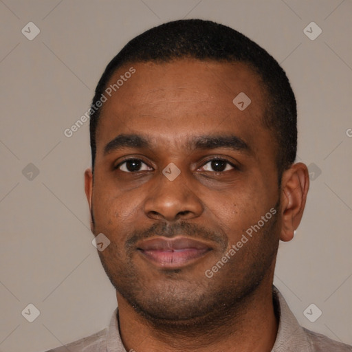 Neutral black young-adult male with short  black hair and brown eyes