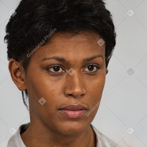 Neutral black young-adult female with short  brown hair and brown eyes