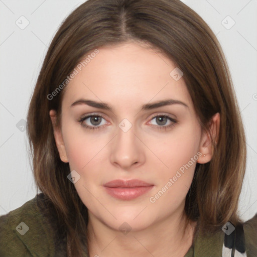 Neutral white young-adult female with medium  brown hair and brown eyes