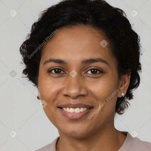 Joyful latino young-adult female with short  brown hair and brown eyes