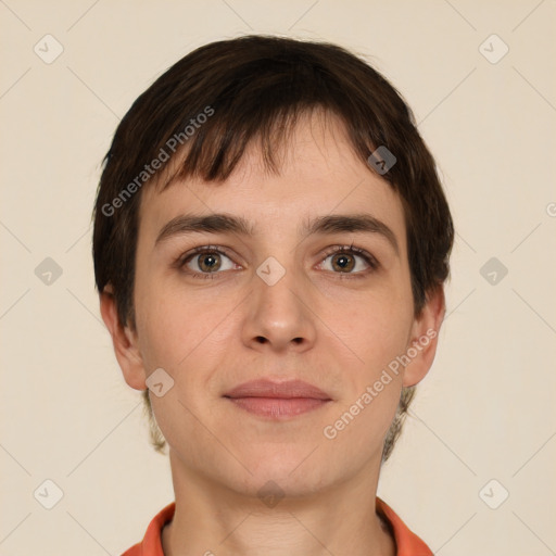 Neutral white young-adult female with short  brown hair and brown eyes