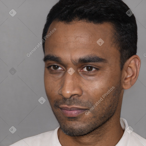 Neutral latino young-adult male with short  black hair and brown eyes