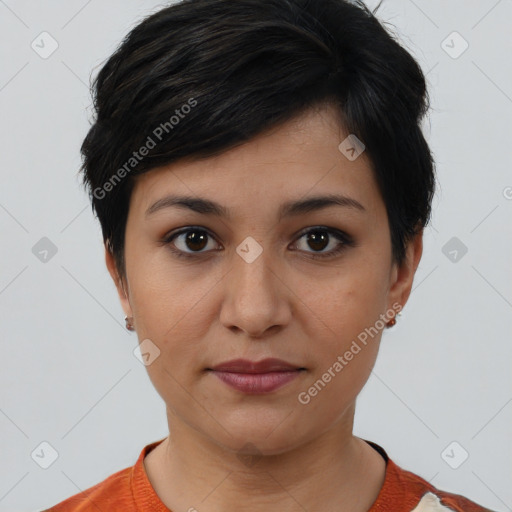 Joyful white young-adult female with short  black hair and brown eyes