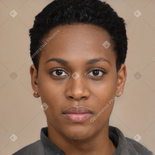 Neutral black young-adult female with short  black hair and brown eyes