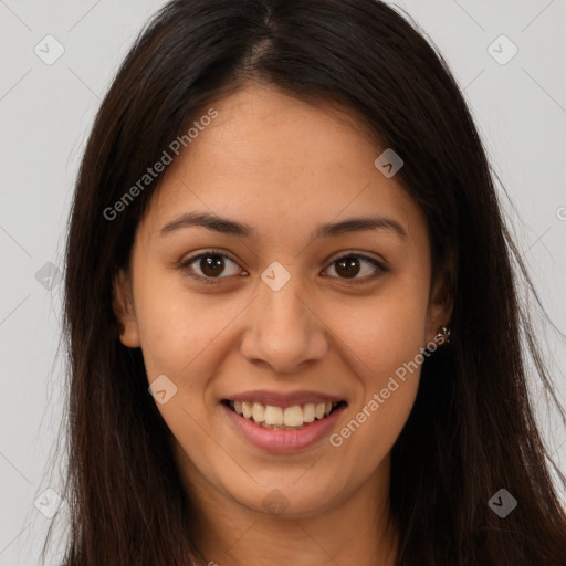 Joyful white young-adult female with long  brown hair and brown eyes