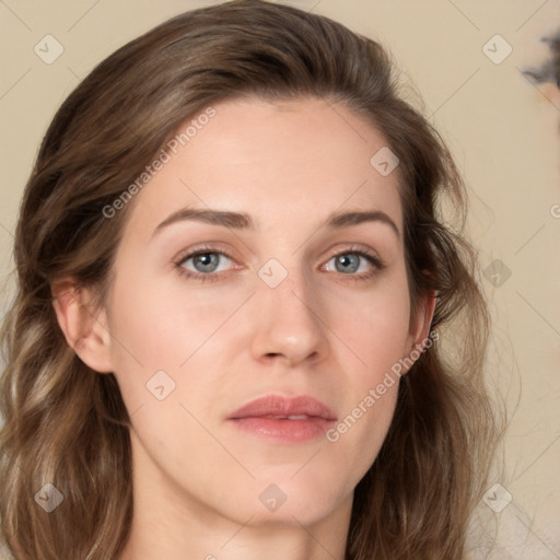 Neutral white young-adult female with medium  brown hair and grey eyes