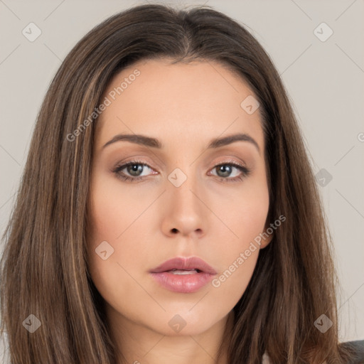 Neutral white young-adult female with long  brown hair and brown eyes