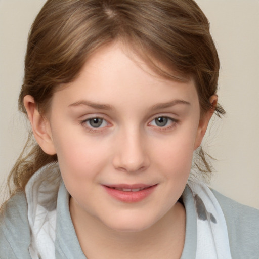 Joyful white child female with medium  brown hair and brown eyes