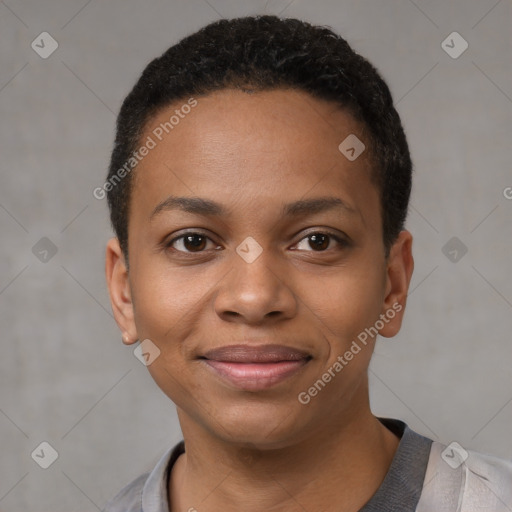 Joyful black young-adult female with short  black hair and brown eyes