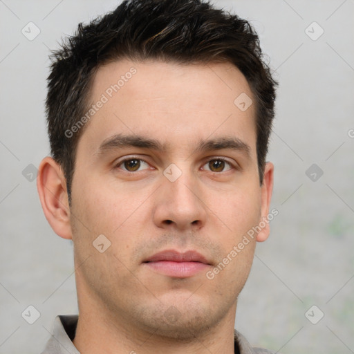 Neutral white young-adult male with short  brown hair and brown eyes