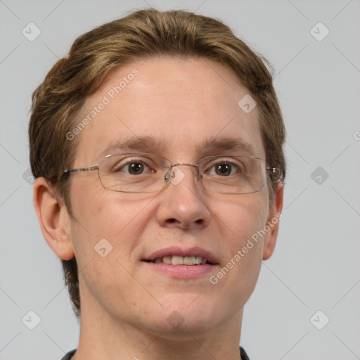 Joyful white adult male with short  brown hair and grey eyes