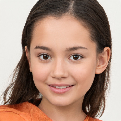 Joyful white child female with long  brown hair and brown eyes