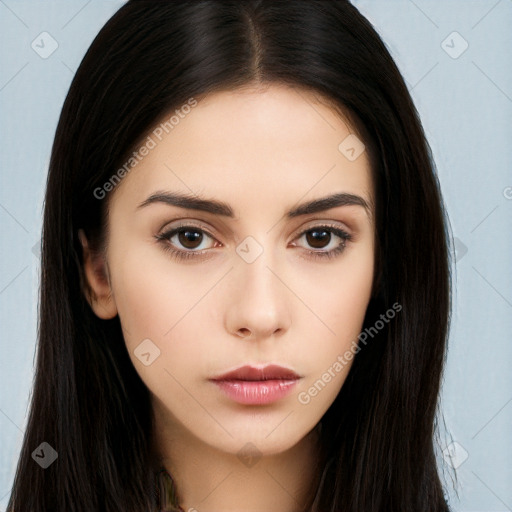 Neutral white young-adult female with long  brown hair and brown eyes