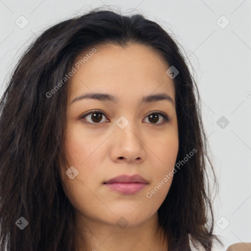 Neutral asian young-adult female with long  brown hair and brown eyes