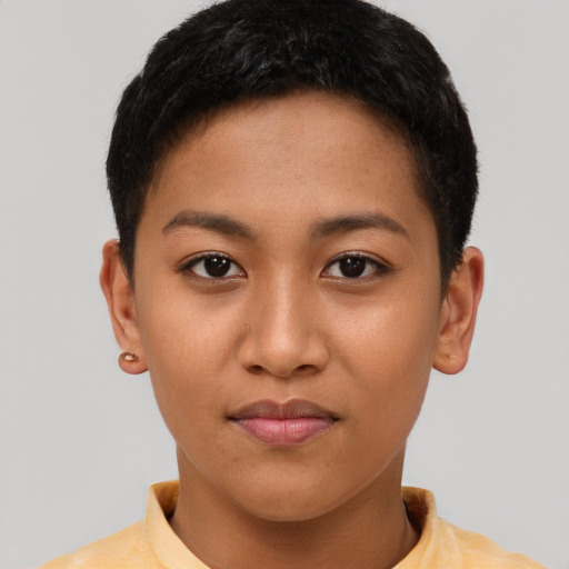 Neutral asian young-adult female with short  brown hair and brown eyes