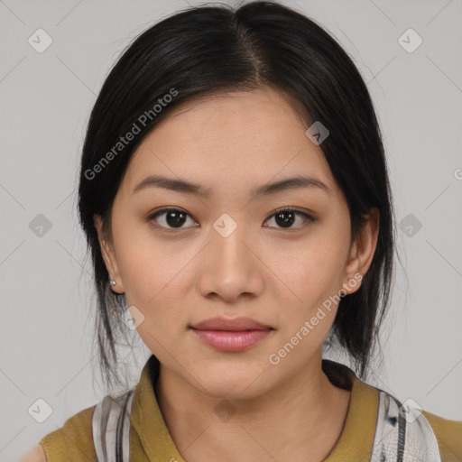 Joyful white young-adult female with medium  black hair and brown eyes