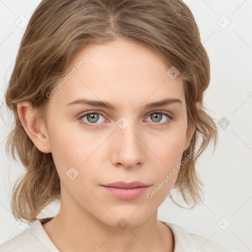 Neutral white young-adult female with medium  brown hair and grey eyes