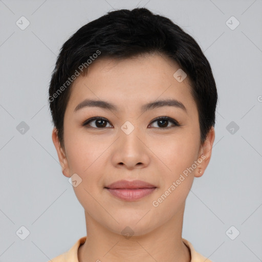Joyful asian young-adult female with short  black hair and brown eyes