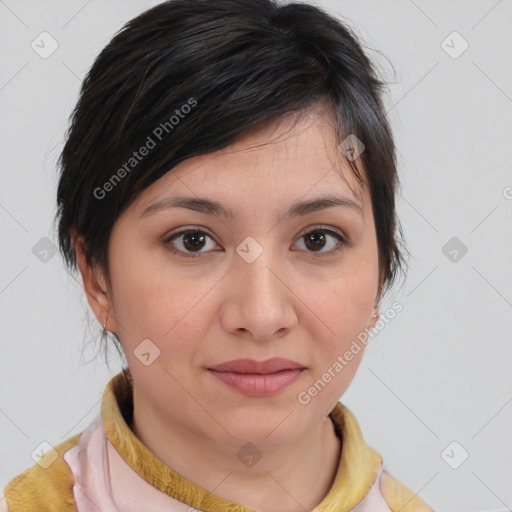 Joyful white young-adult female with medium  brown hair and brown eyes