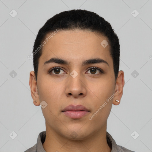 Neutral latino young-adult male with short  black hair and brown eyes