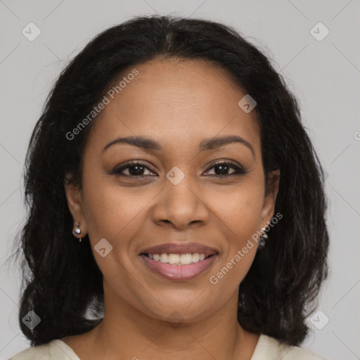 Joyful latino young-adult female with long  brown hair and brown eyes