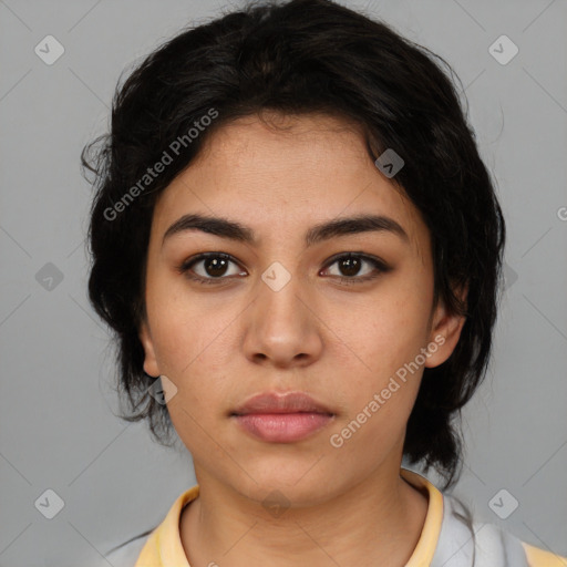 Neutral latino young-adult female with medium  black hair and brown eyes