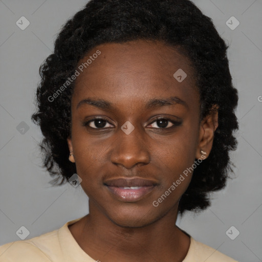 Neutral black young-adult female with short  black hair and brown eyes