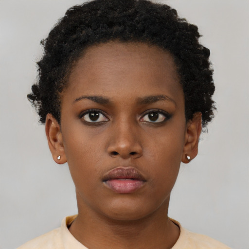 Neutral black young-adult female with short  brown hair and brown eyes