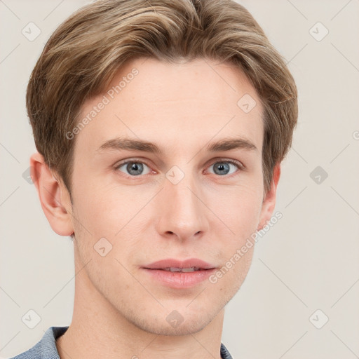 Neutral white young-adult male with short  brown hair and grey eyes