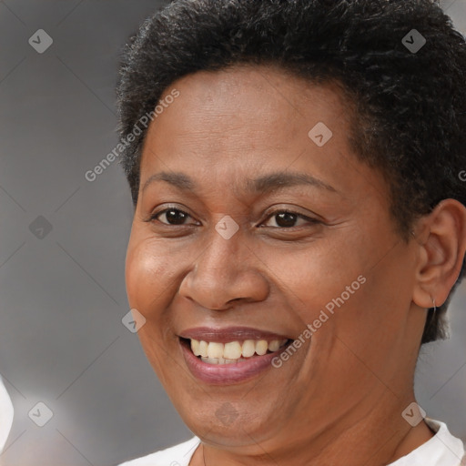 Joyful black adult female with short  brown hair and brown eyes