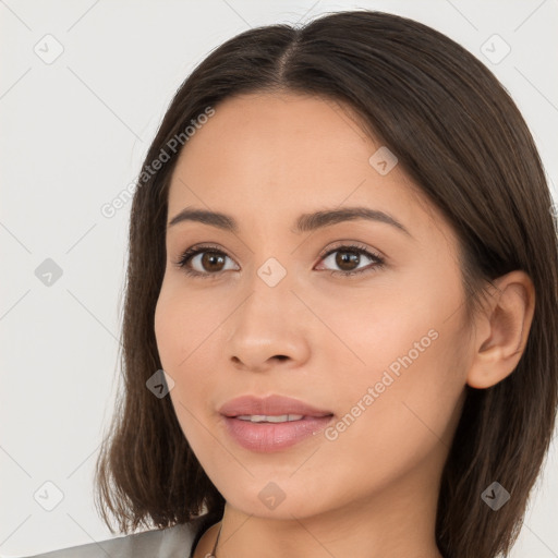 Neutral white young-adult female with long  brown hair and brown eyes